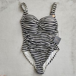 NWT NIP TUCK Swim One Piece Size 12 Black Gold Stripe
